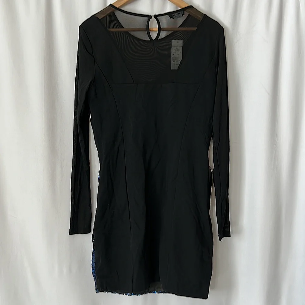 Bebe NWT Sexy Black/Blue Sequins Mesh Long Sleeve Dress **Size L**🔥🔥 - Picture 2 of 4